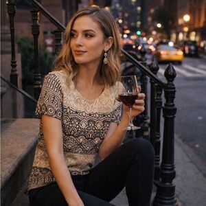 Anthropologie Beige and Black Short Sleeve Top